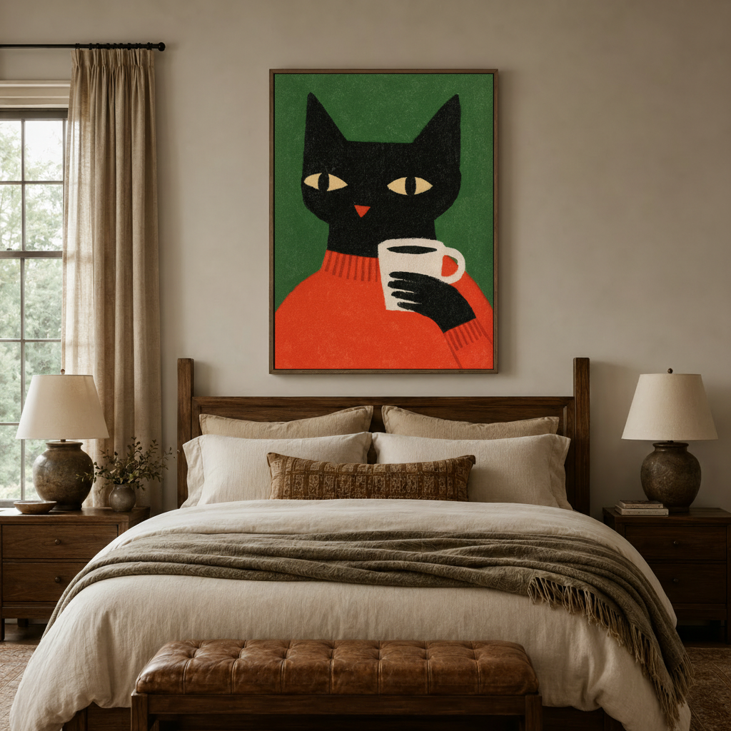 Black cat canvas wall art above wooden bed frame in warm bedroom with linen bedding and table lamps