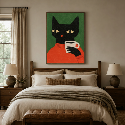 Black cat canvas wall art above wooden bed frame in warm bedroom with linen bedding and table lamps