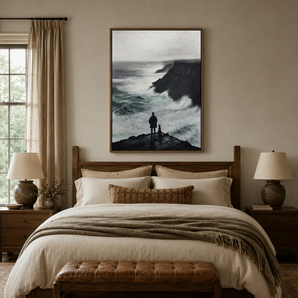 Moody ocean painting above bed in warm neutral bedroom interior styling