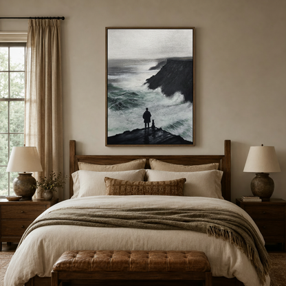 Moody ocean painting above bed in warm neutral bedroom interior styling