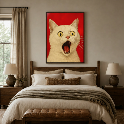 Bold red screaming cat canvas art in dark walnut frame above linen bed as statement bedroom wall decor