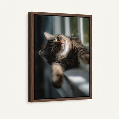 Framed tabby cat sunbathing photo canvas art dark walnut floating frame angled product mockup
