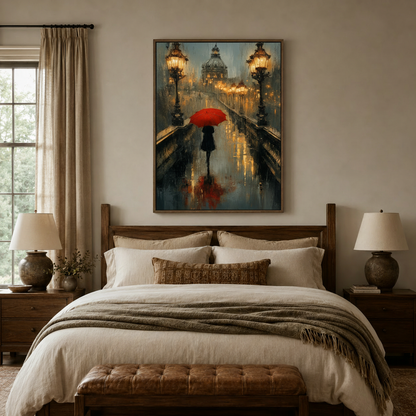 Red umbrella Paris bridge painting hung in cozy bedroom above wooden bed frame