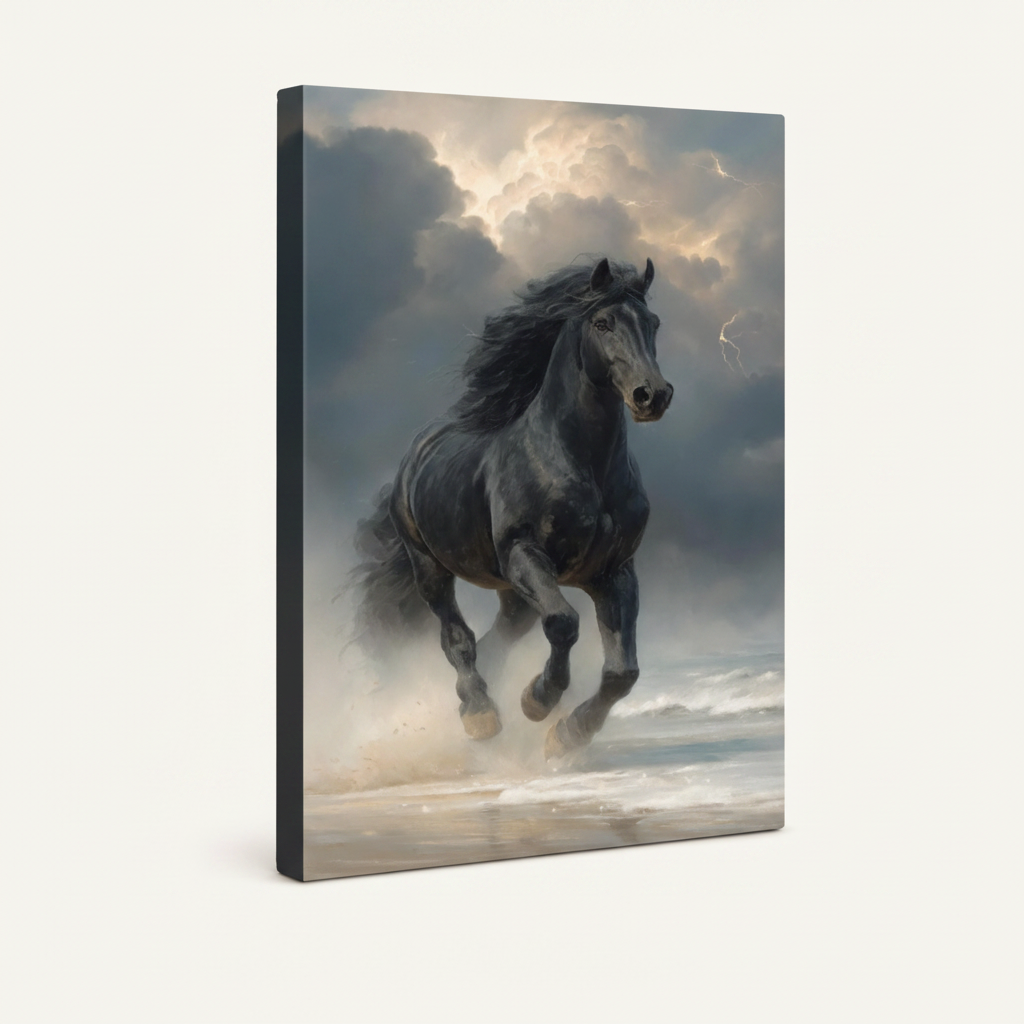 Gallery-wrapped black stallion canvas print shown at 3/4 angle with visible wrapped sides on cream background
