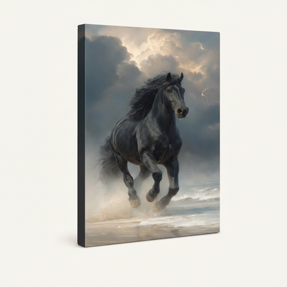 Gallery-wrapped black stallion canvas print shown at 3/4 angle with visible wrapped sides on cream background