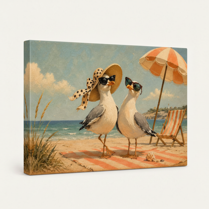 Gallery wrapped seagull beach vintage canvas side view showing warm sandy tones wrapping around edges