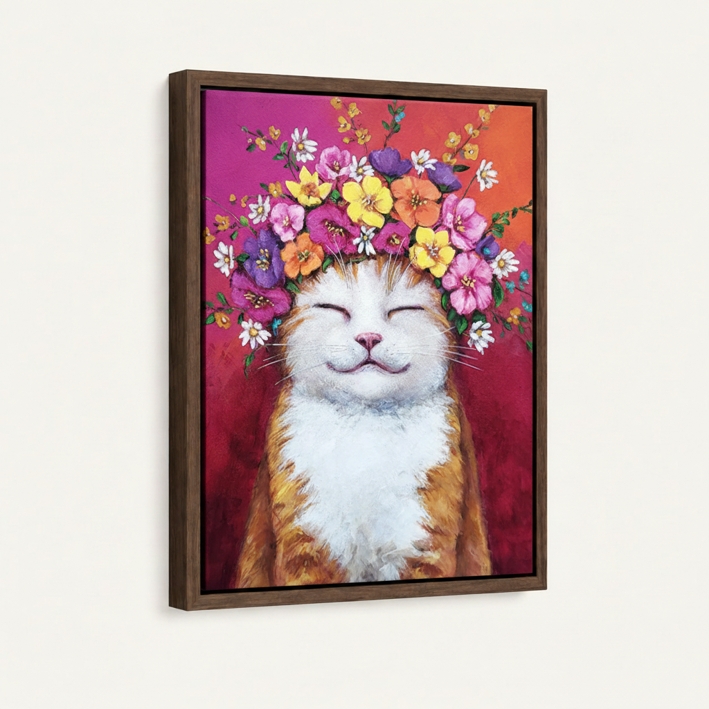  Framed canvas print with dark walnut float frame featuring smiling cat with floral crown