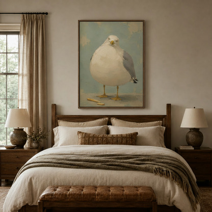 Classical seagull oil painting framed canvas above a dark walnut bed in a cozy upscale bedroom