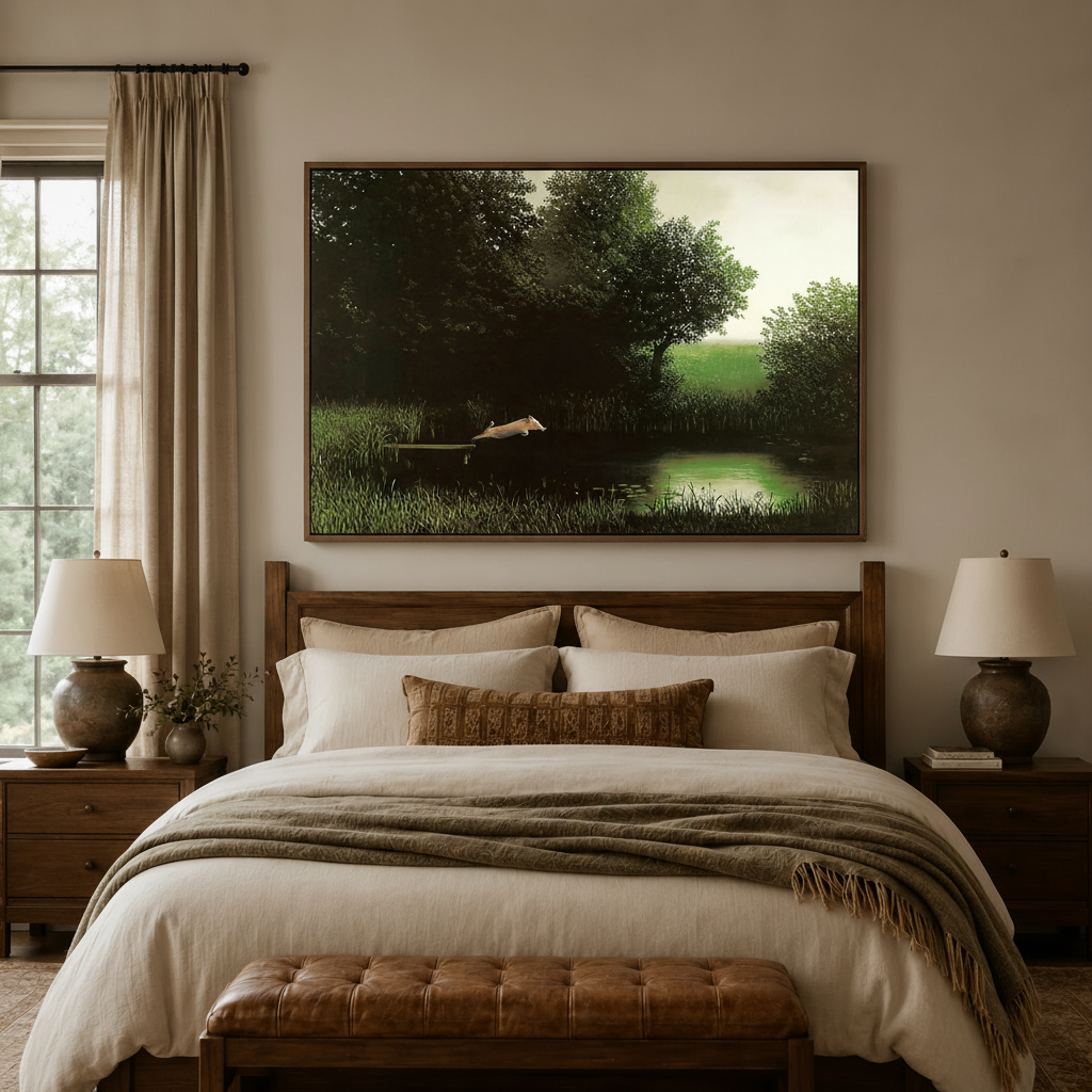 Classical oil painting of pig diving into a pond, framed above a bed in a neutral bedroom