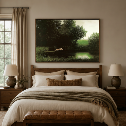 Classical oil painting of pig diving into a pond, framed above a bed in a neutral bedroom