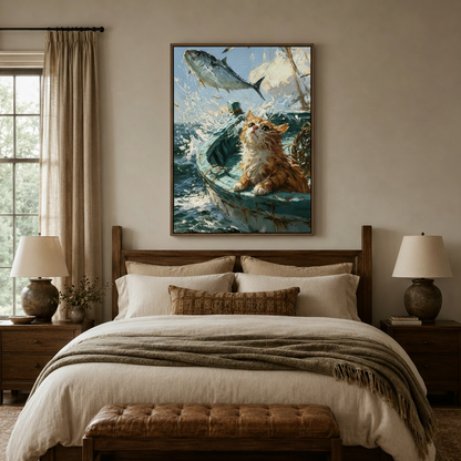 Cat and tuna impasto oil painting in dark walnut frame above bed, cozy bedroom wall art decor