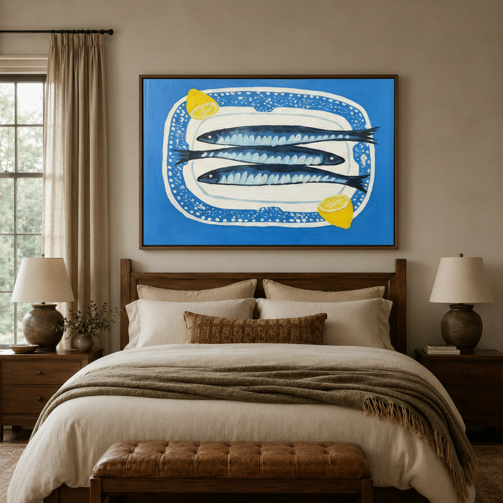  Sardines still life canvas wall art in dark walnut float frame above bed in neutral bedroom