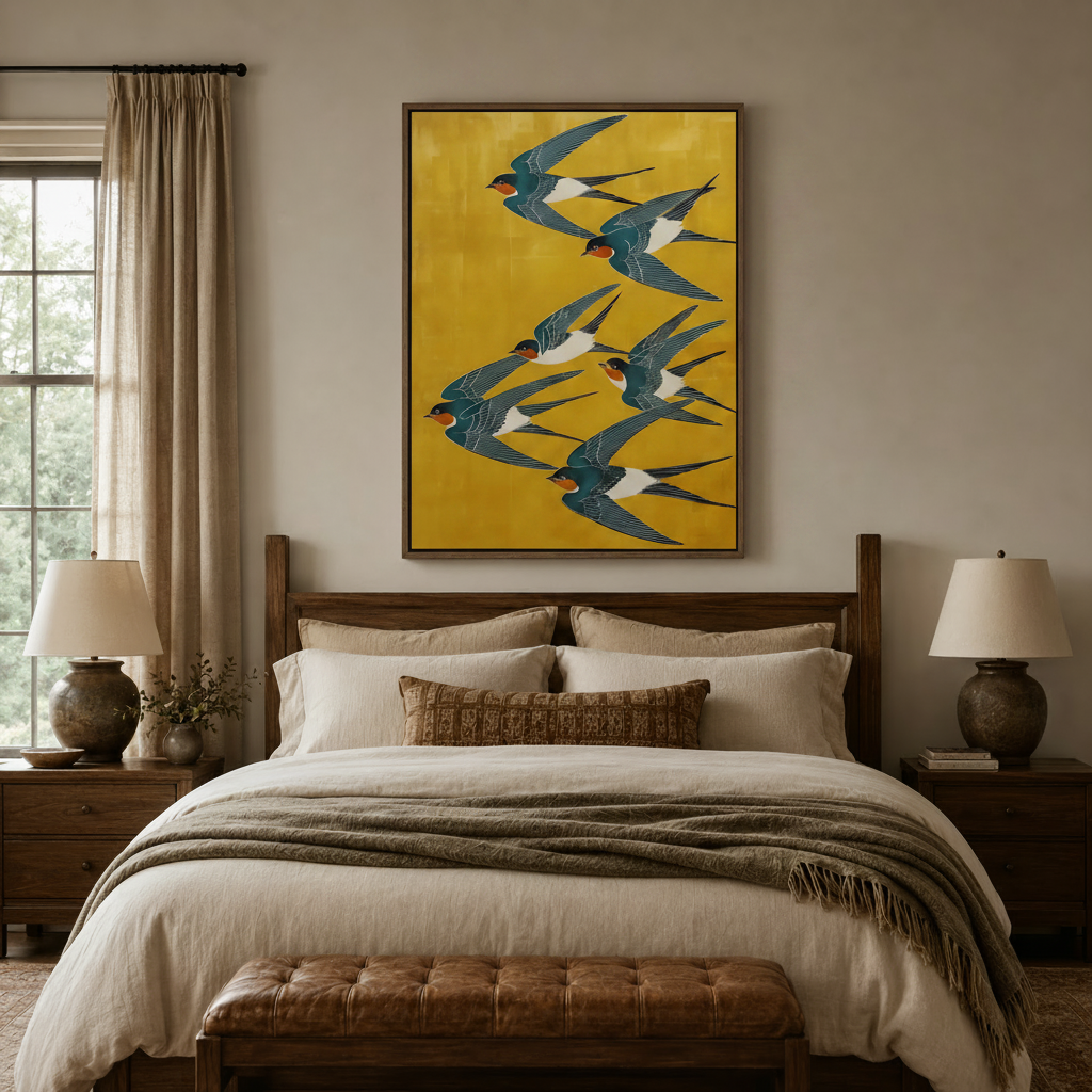 Graphic barn swallow wall art above a rustic wood bed in a cozy neutral bedroom with warm linen bedding