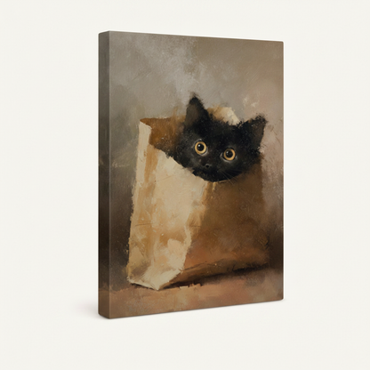 Gallery-wrapped realistic black kitten bag canvas, thick wrap edges visible, warm brown tones on white background