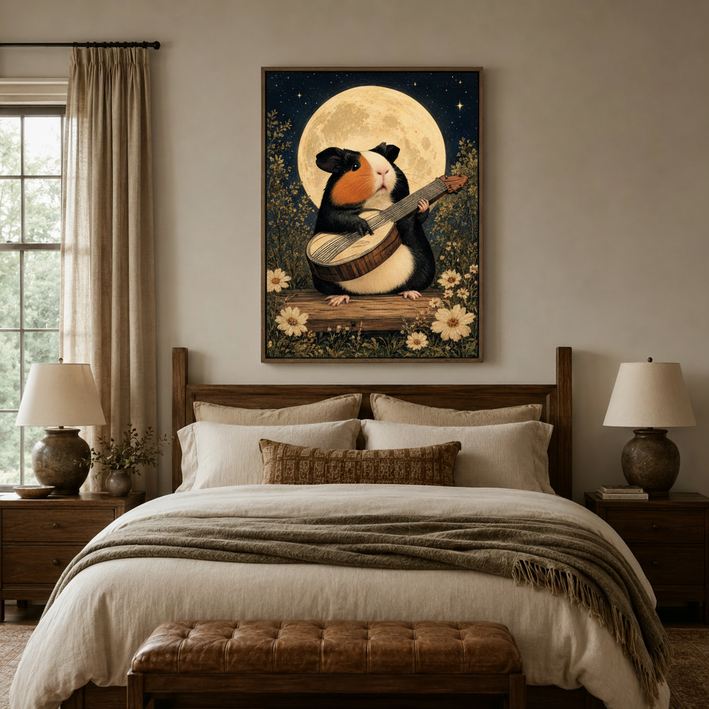 Vintage botanical guinea pig moonlight canvas art in dark walnut frame above linen bed in cozy neutral bedroom