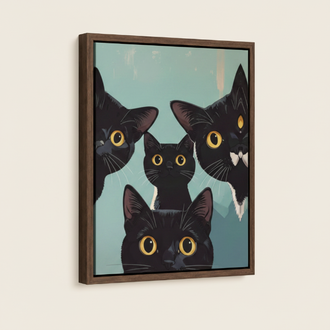 Framed canvas print of four peeking black cats with golden eyes, walnut floating frame