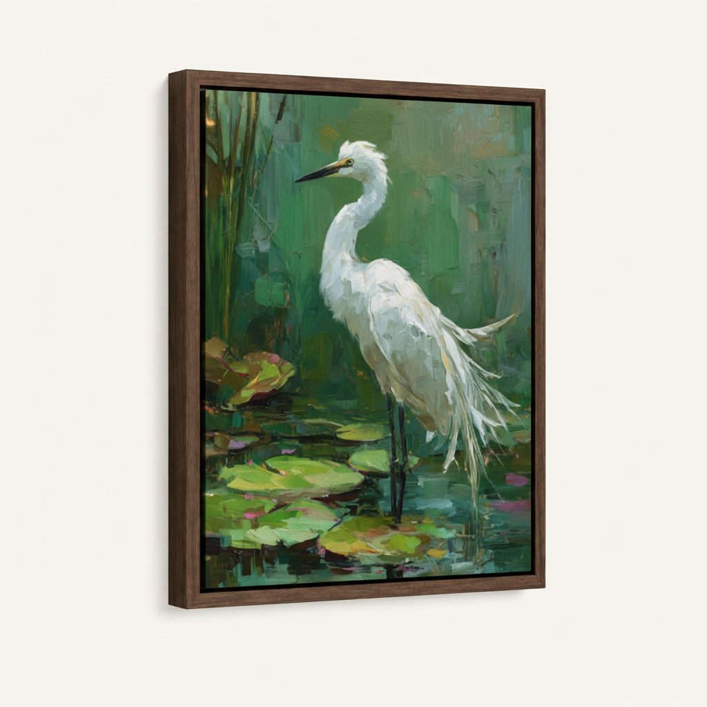 Gallery-wrapped white egret pond canvas with seamless emerald green wrap sides on cream background