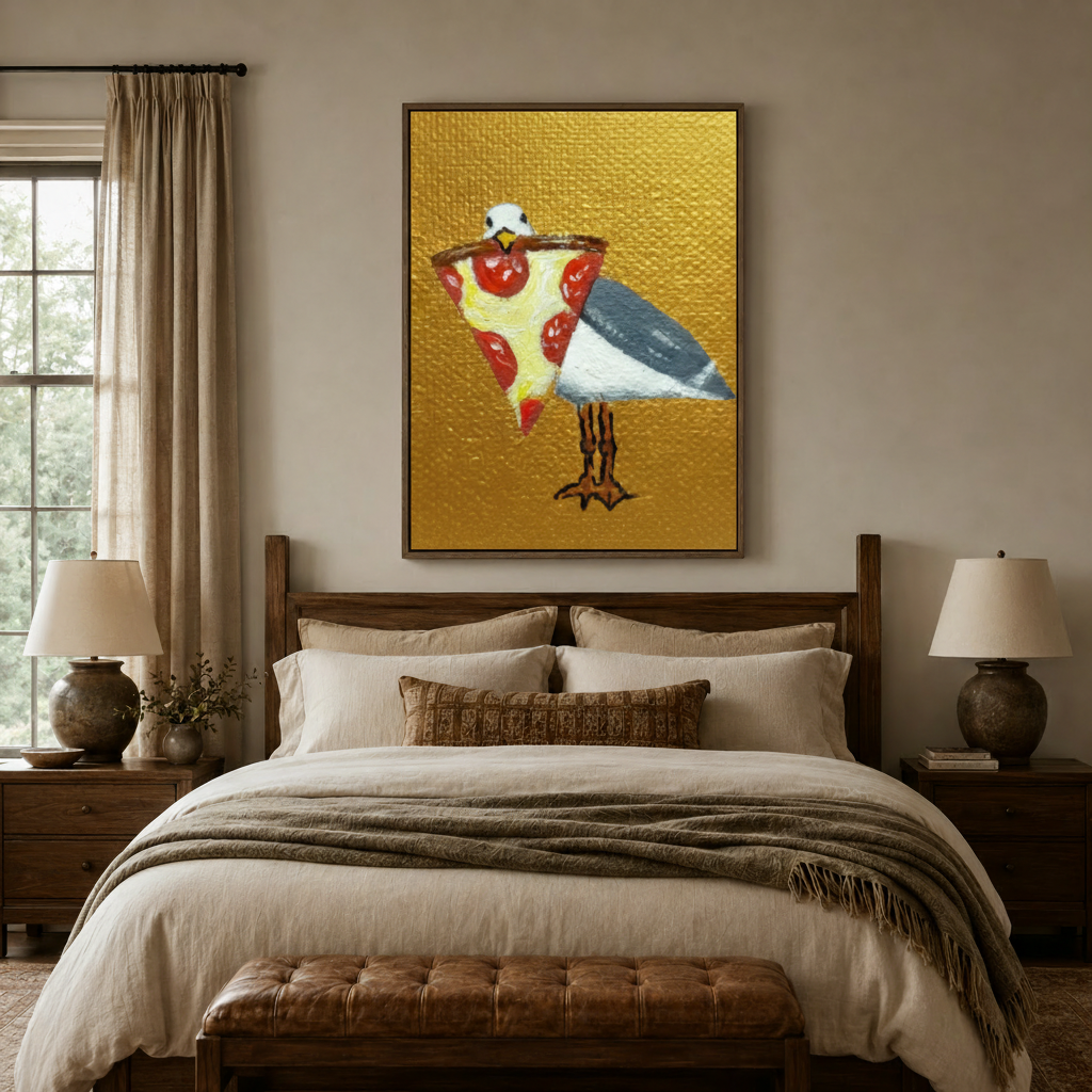 Quirky pizza bird canvas print above bed in rustic farmhouse bedroom setting