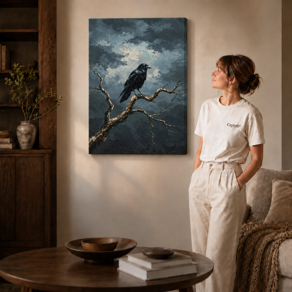 Frameless storm raven canvas wall art displayed beside a woman in a contemporary living room