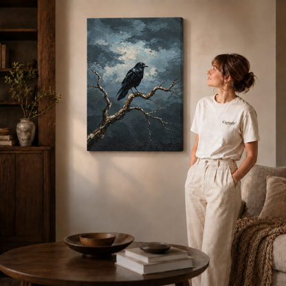 Frameless storm raven canvas wall art displayed beside a woman in a contemporary living room