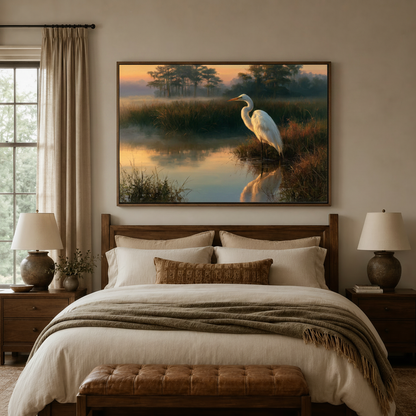 Great egret sunrise painting in a dark walnut frame centered above a bed in a neutral bedroom