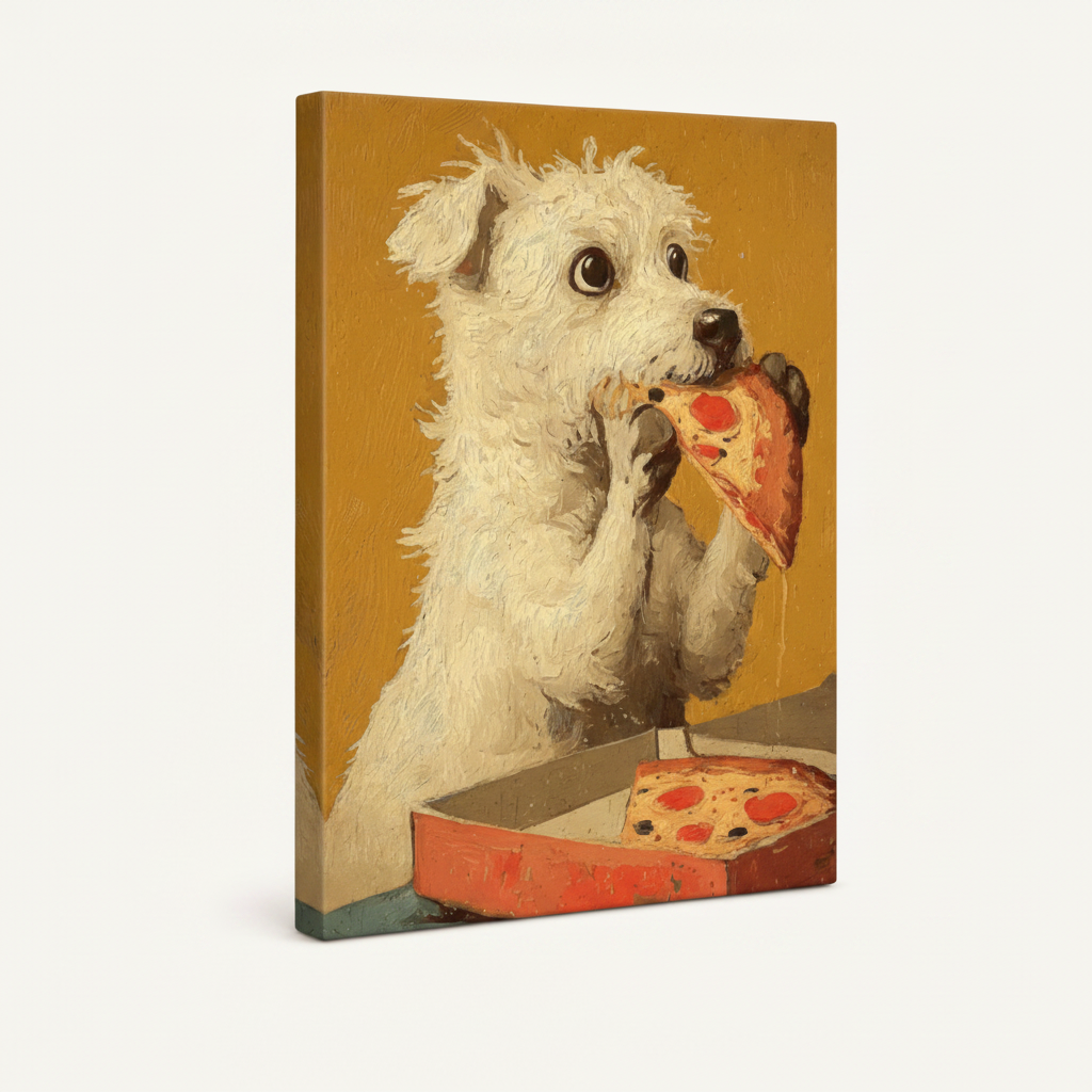 Gallery-wrapped funny dog eating pizza canvas, thick dark wrap edges visible, minimal white background