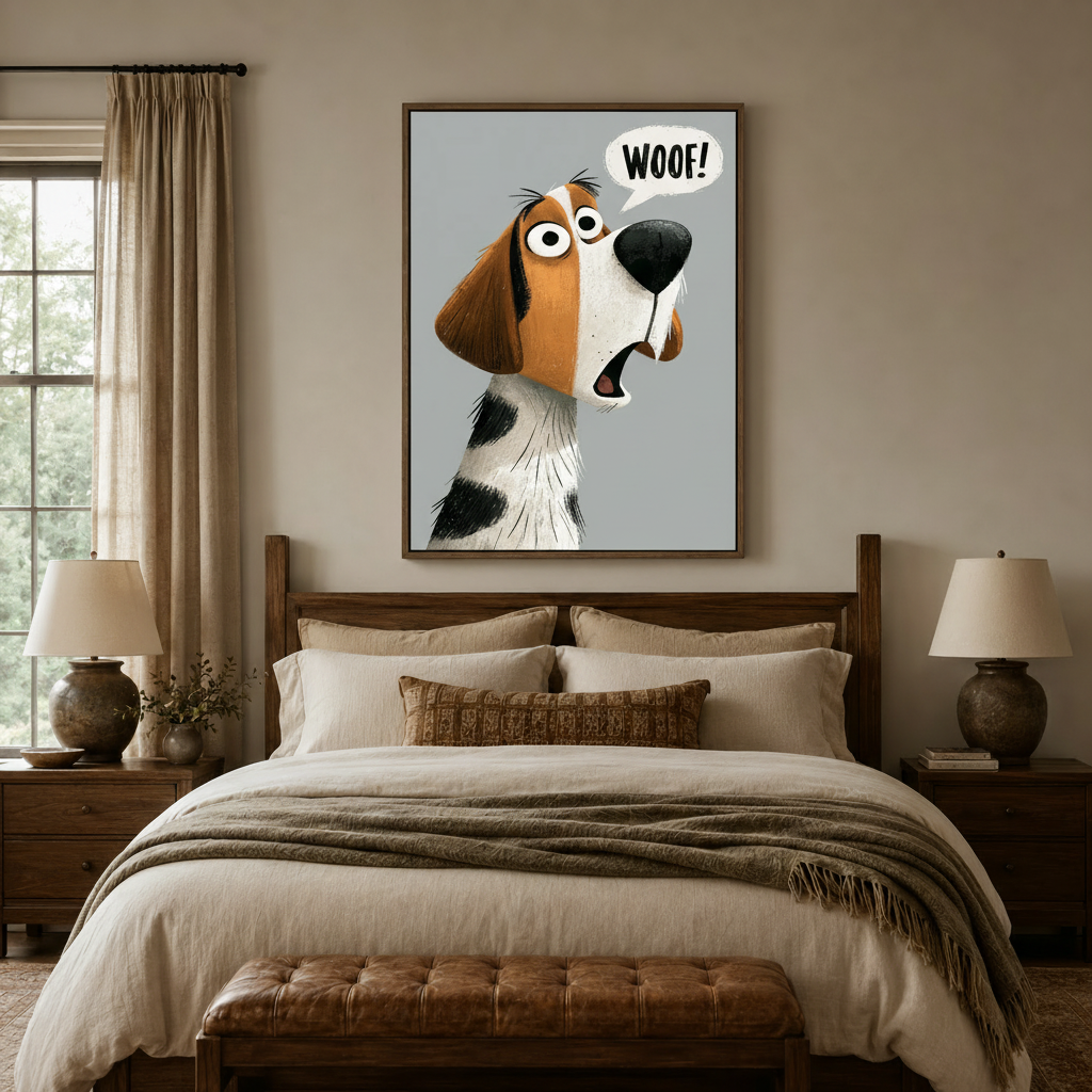 Whimsical cartoon beagle canvas wall art displayed above a wooden bed frame in a cozy warm-toned bedroom