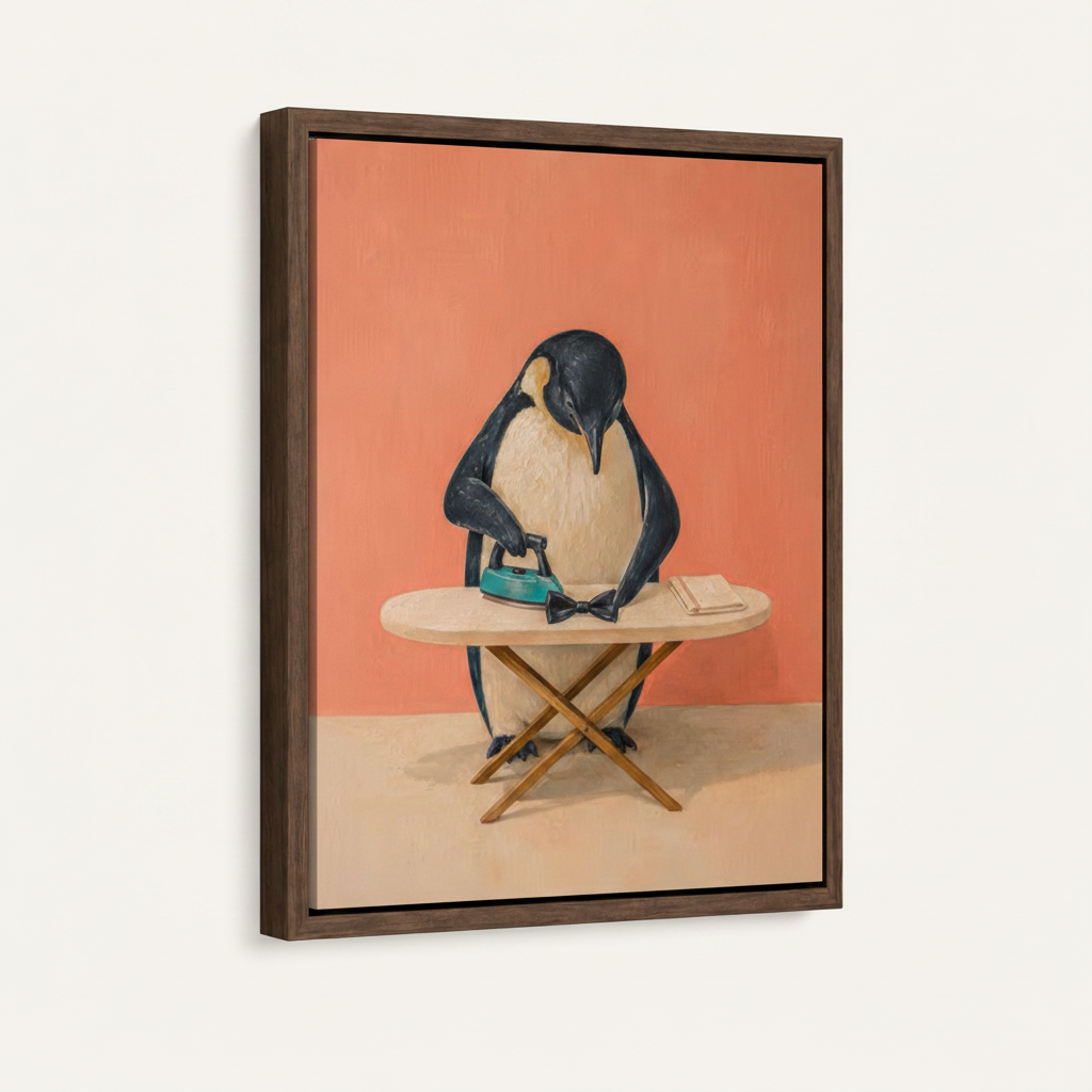 Framed canvas print with dark walnut float frame featuring a penguin ironing scene