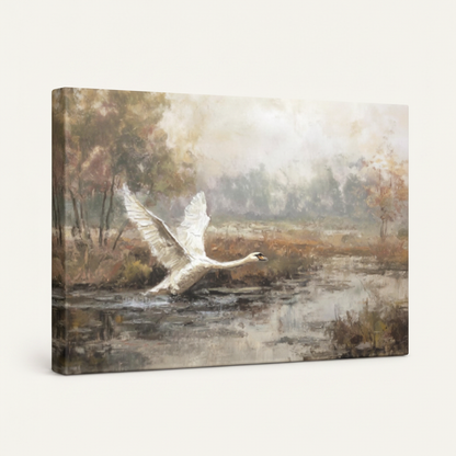 Gallery wrapped swan wetland classical canvas side view showing warm autumn tones wrapping around edges