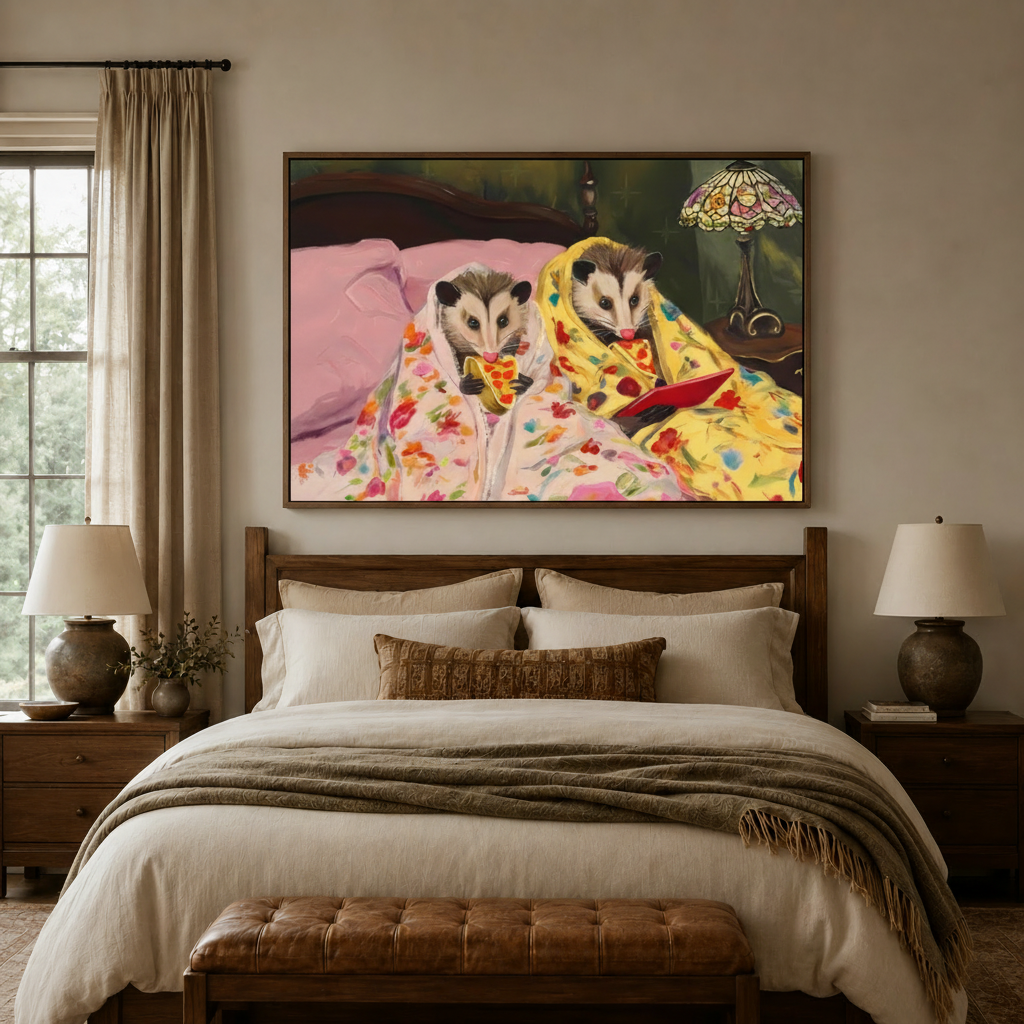 Cozy opossum canvas print above bed in neutral bedroom with ceramic lamps and warm wood tones
