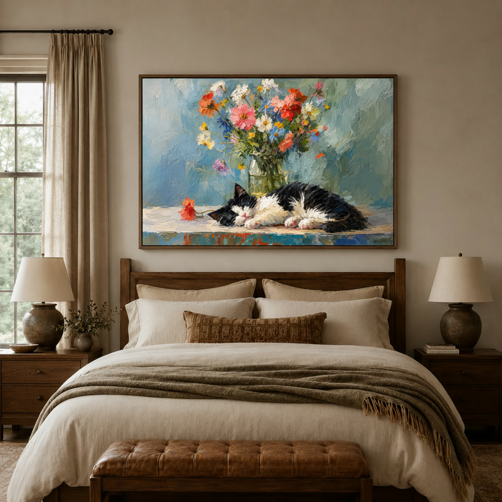 Floral sleeping cat painting displayed above a cozy neutral bedroom