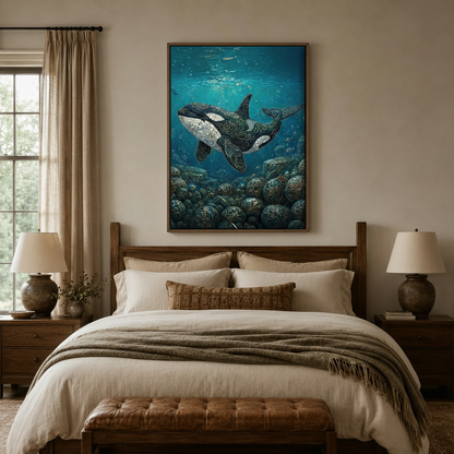 Mosaic orca wall art above a dark walnut bed frame in a cozy traditional bedroom interio