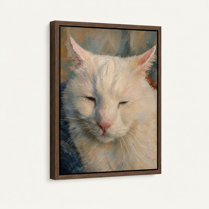 Blissful white cat portrait canvas in dark walnut float frame, 3/4 angle showing frame depth