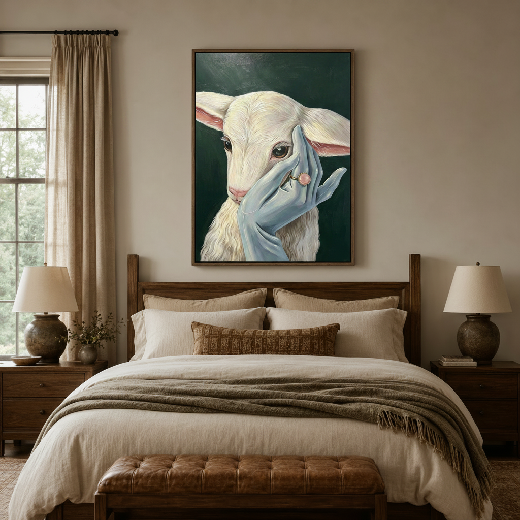 Baby goat classical oil painting canvas art in dark walnut frame above linen bed in cozy bedroom
