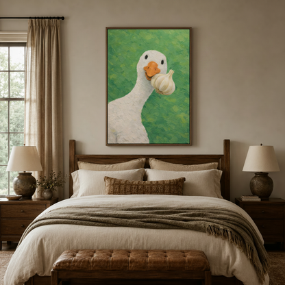 Cheerful goose holding garlic canvas print in walnut frame displayed above linen bed in cozy bedroom