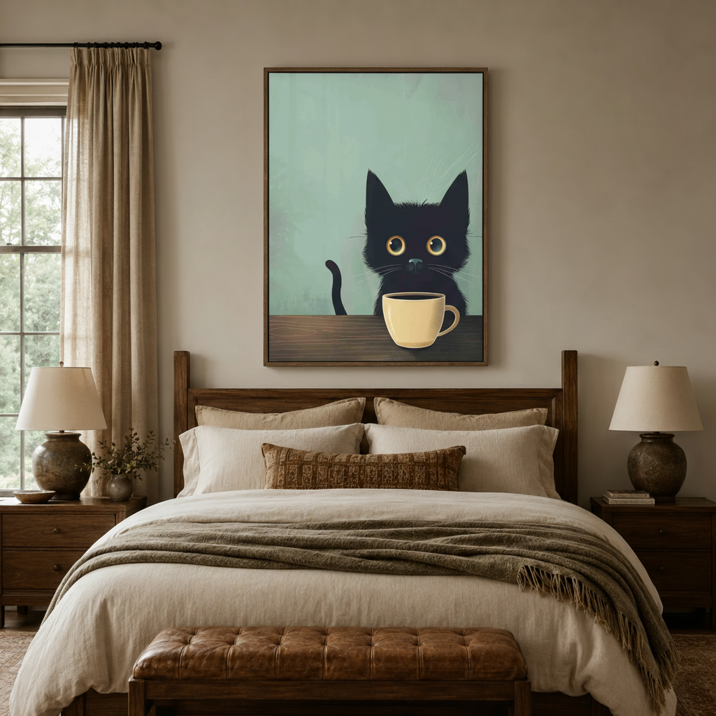 Minimalist cat art canvas in wood float frame above bed in a cozy earth-tone bedroom