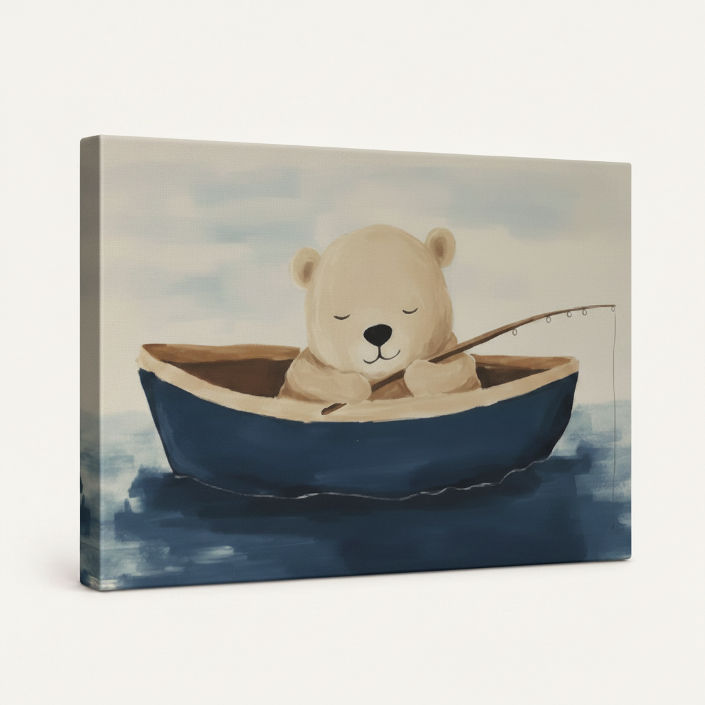 Gallery wrapped bear fishing illustrated canvas side view showing muted blue-gray water wrapping edges