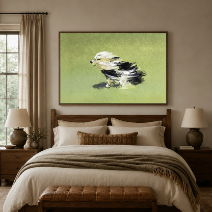 Funny windswept dog oil painting canvas centered above bed in warm beige bedroom