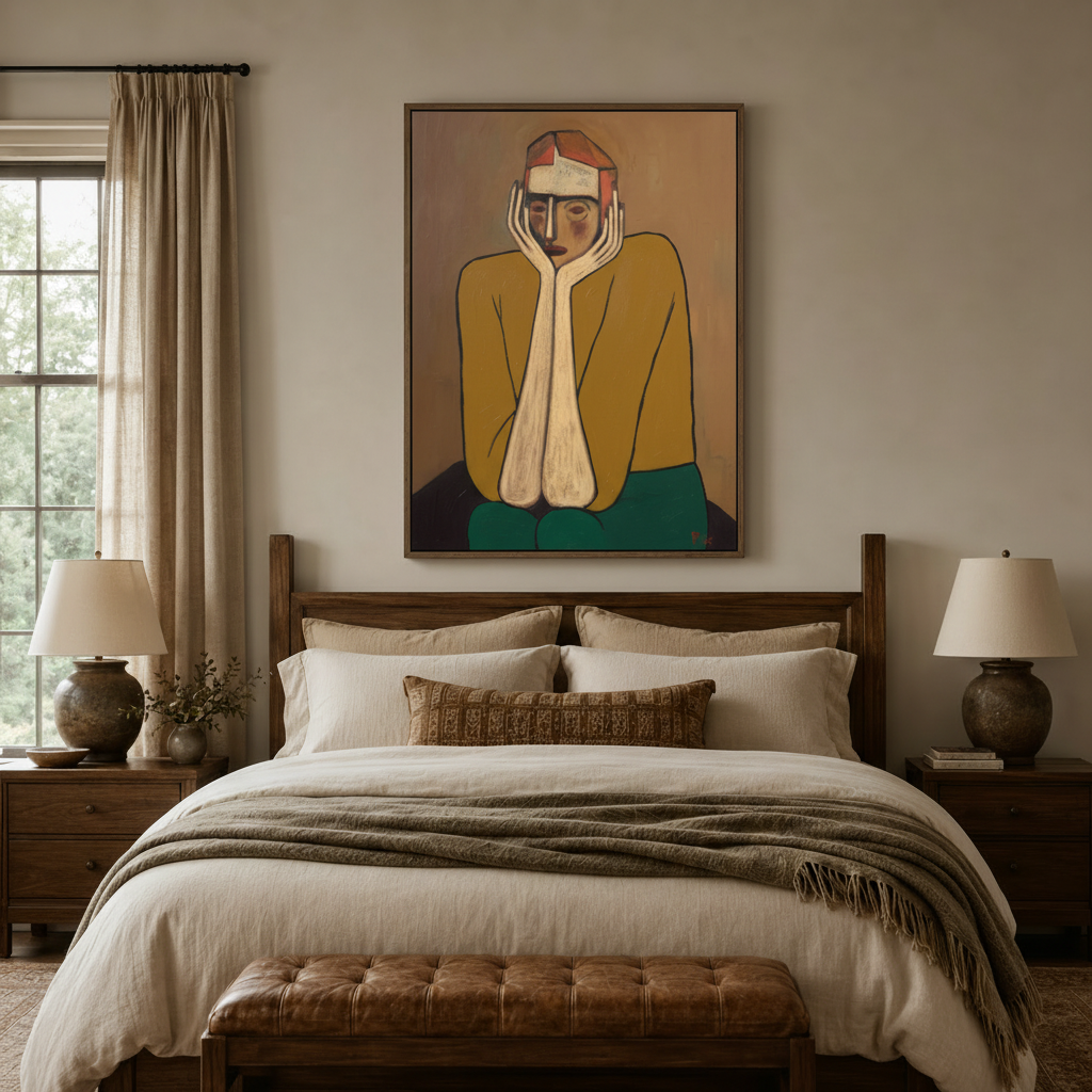 Pensive figure expressionist canvas art in dark walnut frame above linen bed in cozy bedroom