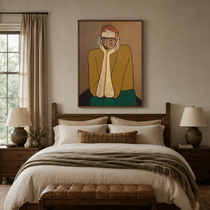 Pensive figure expressionist canvas art in dark walnut frame above linen bed in cozy bedroom