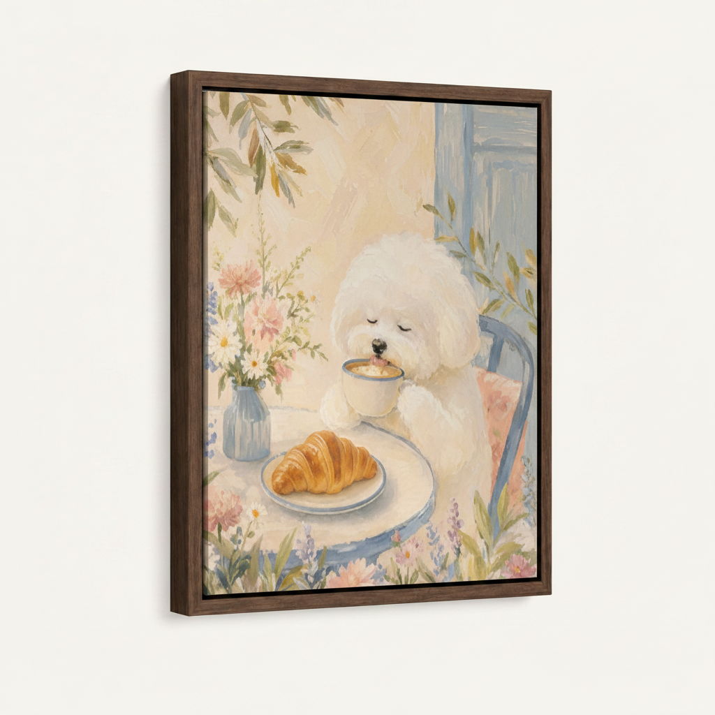 Watercolor Bichon Frise cafe breakfast canvas print dark walnut float frame 3/4 angle product mockup