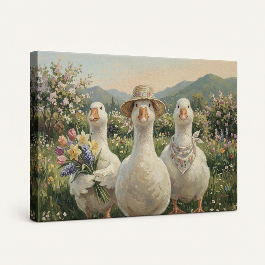 Gallery wrapped whimsical goose spring garden canvas side view showing dark wrap edges and garden continuation