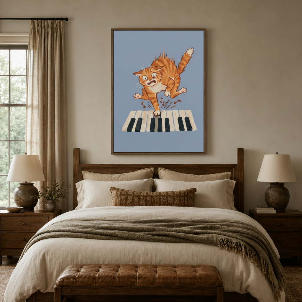  Retro funny cat canvas print above bed in cozy neutral bedroom setting