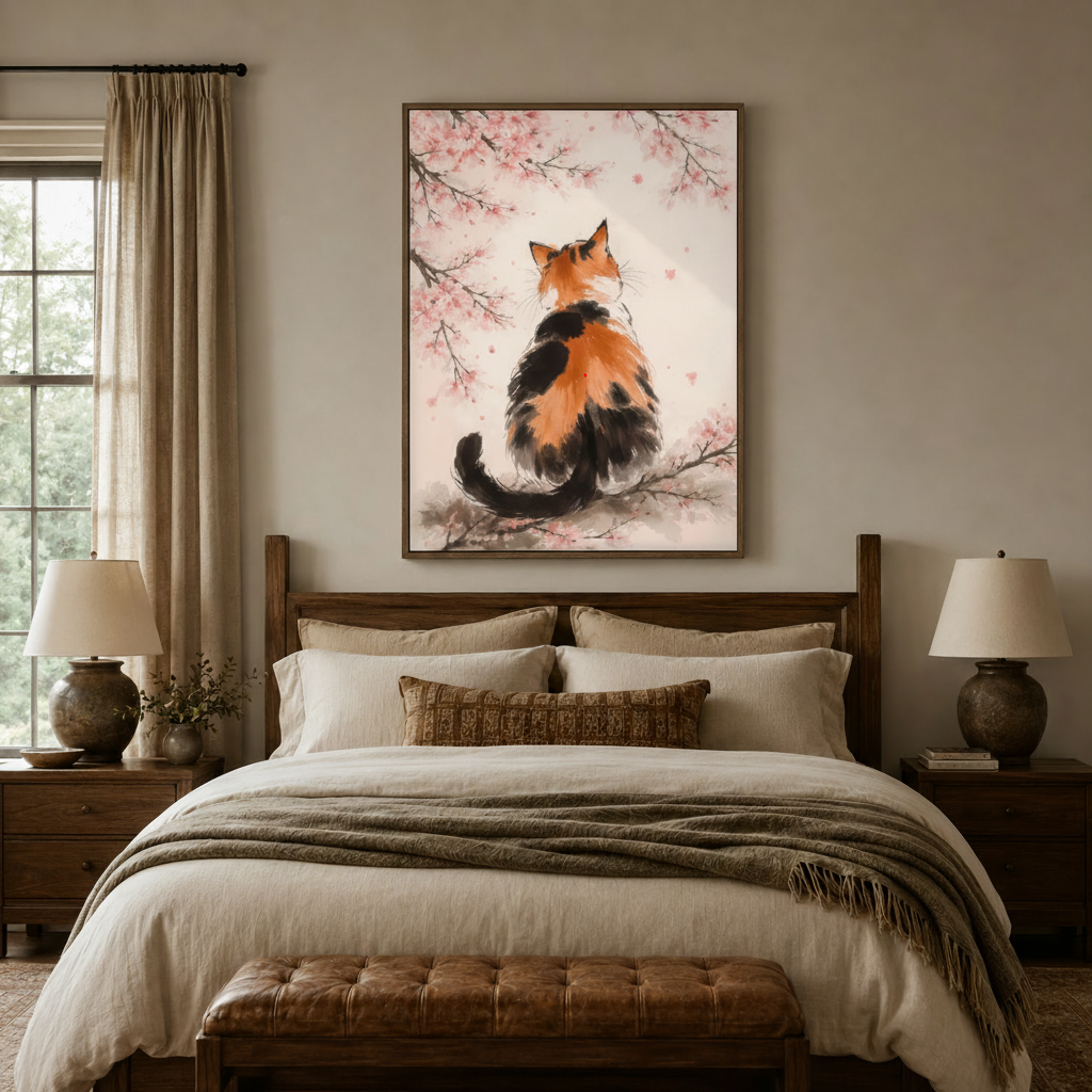 Serene Japanese style cat wall art above bed in a cozy farmhouse bedroom setting