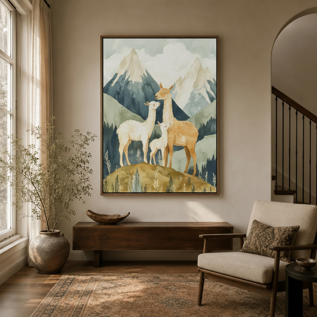 Framed watercolor llama family wall art hanging in warm entryway with natural light