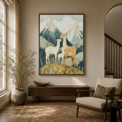 Framed watercolor llama family wall art hanging in warm entryway with natural light