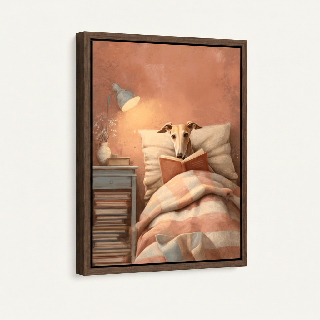 Greyhound reading book framed canvas print with dark walnut float frame on white background, angled view