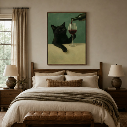Whimsical black cat holding wine glass canvas print above a rustic wooden bed in a cozy farmhouse bedroom