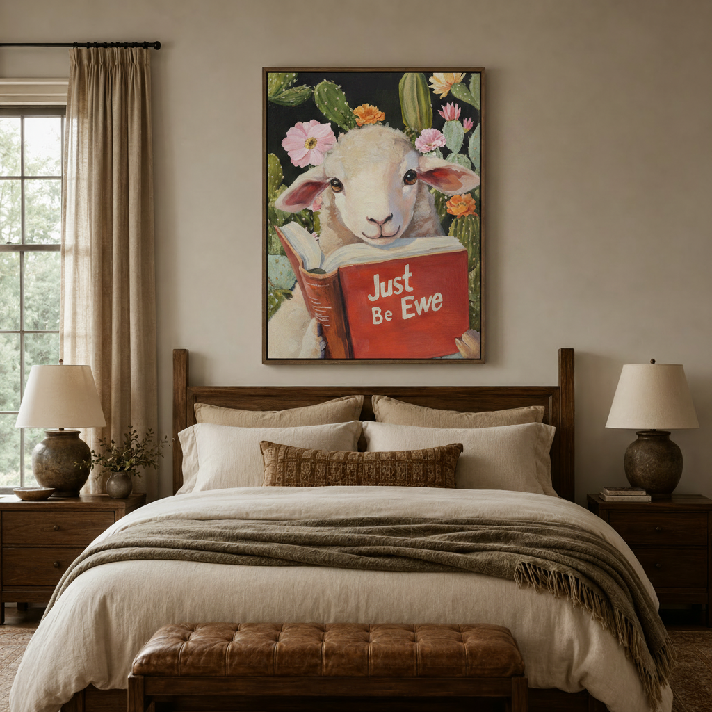 Funny animal canvas print above bed in neutral linen bedroom warm lighting
