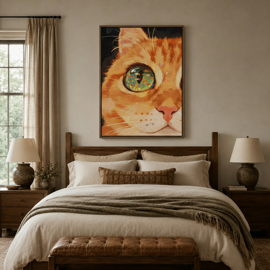 Japanese style orange cat aquarium eye canvas print in float frame above wooden bed headboard